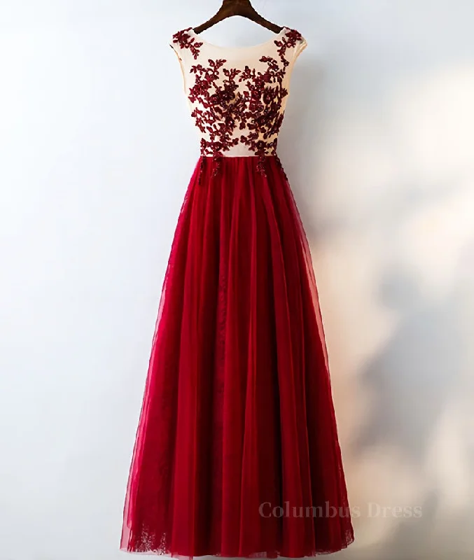 Big Discounts Burgundy round neck tulle lace long Corset Prom dress, Corset Bridesmaid dress outfit Big Discounts Burgundy round neck tulle lace long Corset Prom dress, Corset Bridesmaid dress outfit