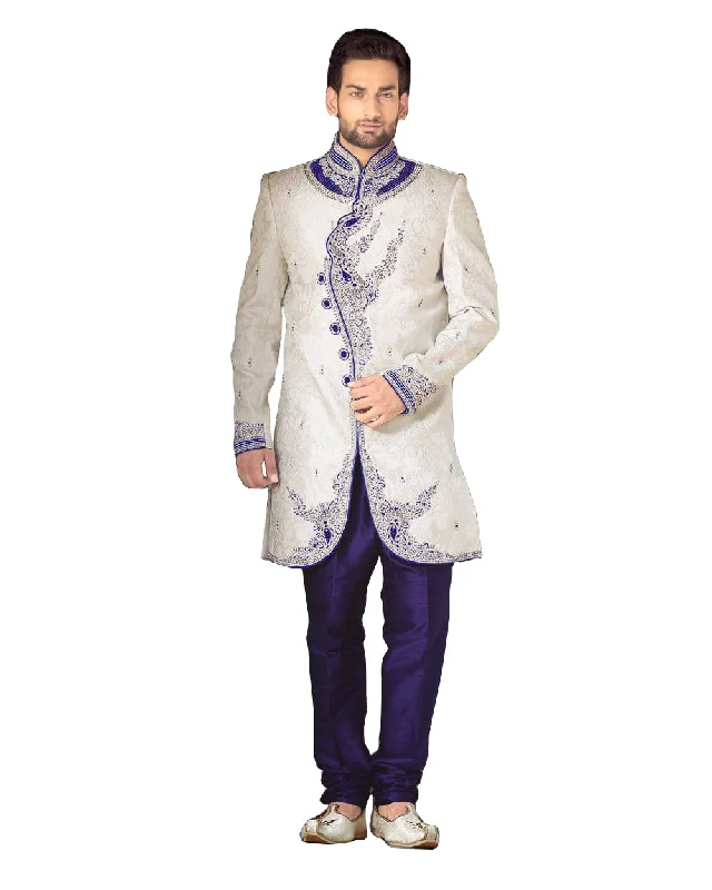 Special Discount White & Blue Dupioni Silk Indian Wedding Indo-Western Sherwani For Men Special Discount White & Blue Dupioni Silk Indian Wedding Indo-Western Sherwani For Men