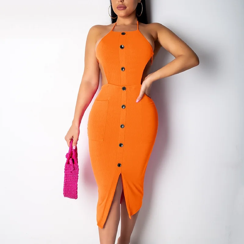 Huge Discounts Women's Summer Knitted Backless Buttoned Dress