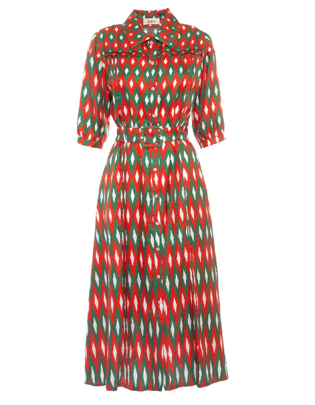 Savings Galore Alexa Red Green Mirror Diamond Print Silk Twill Midi Dress