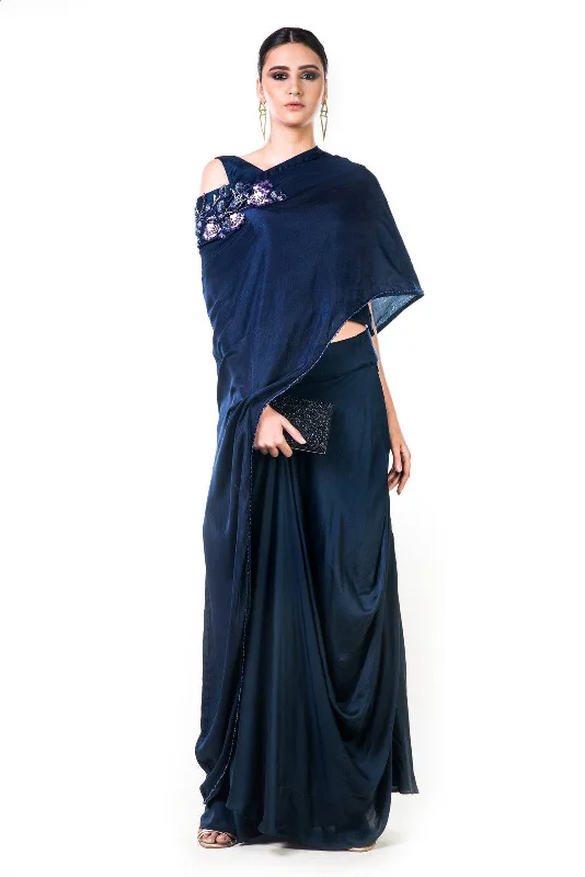 Limited Quantity Midnight Blue Draped Gown With A Hand Embroidered Cape Dupatta