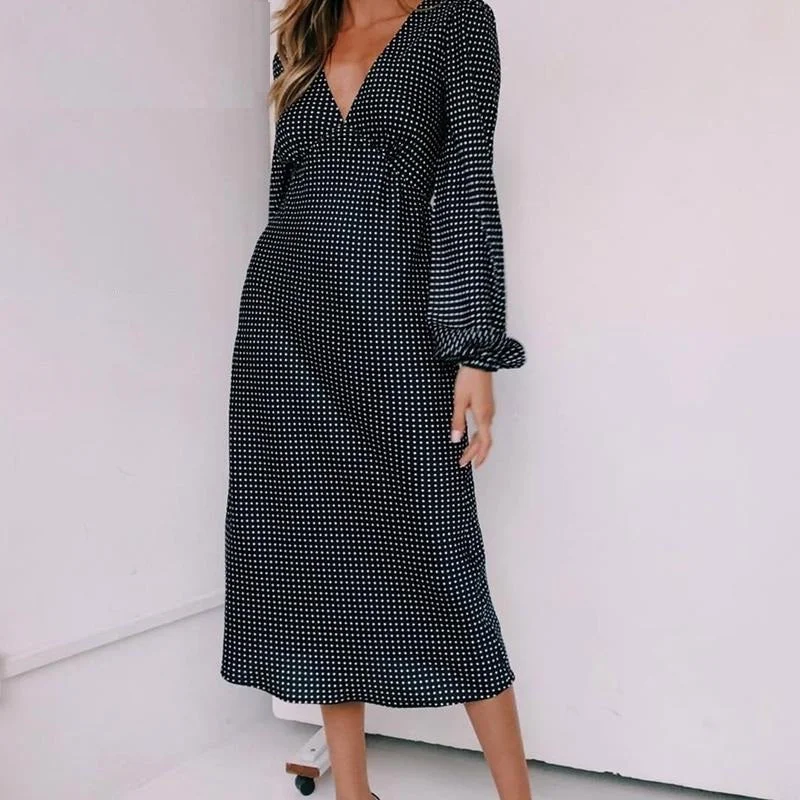 Midnight Madness Women's Spring Long-Sleeved V-Neck Long Dress