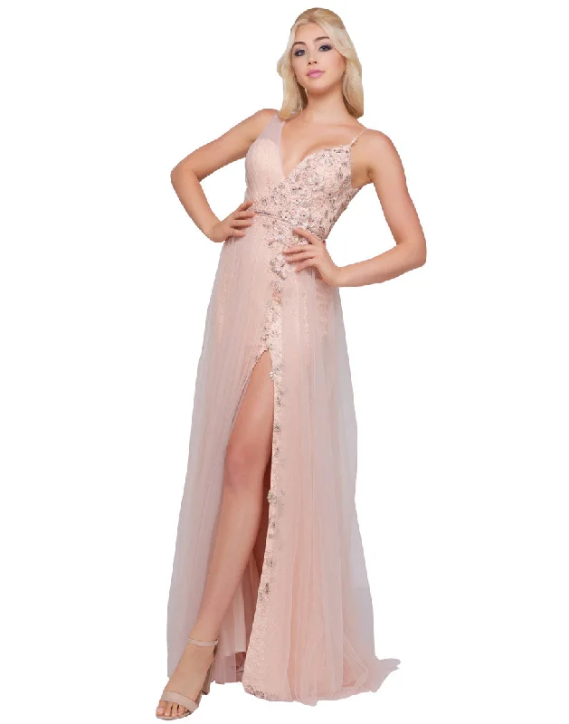 Closeout Mac Duggal Prom - Beaded Floral Blush Pink Ball Gown with Slit