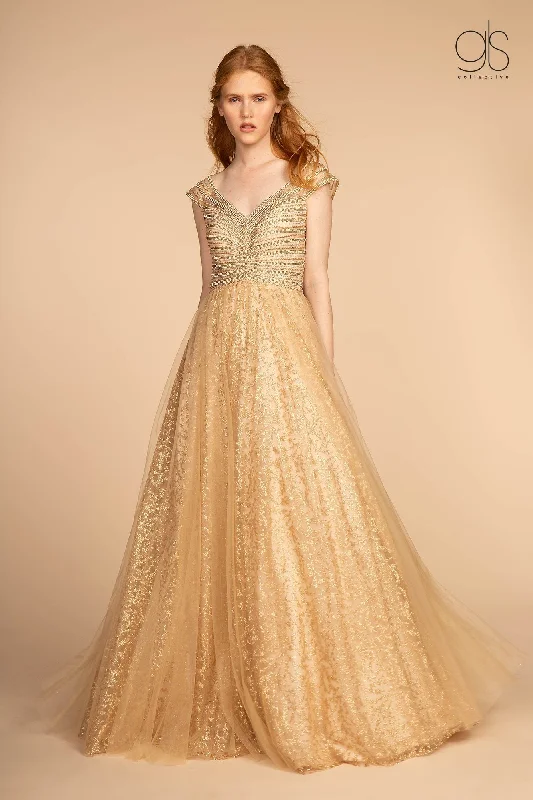 Online Exclusive Long Cap-Sleeve Glitter Print Dress by Elizabeth K GL2526