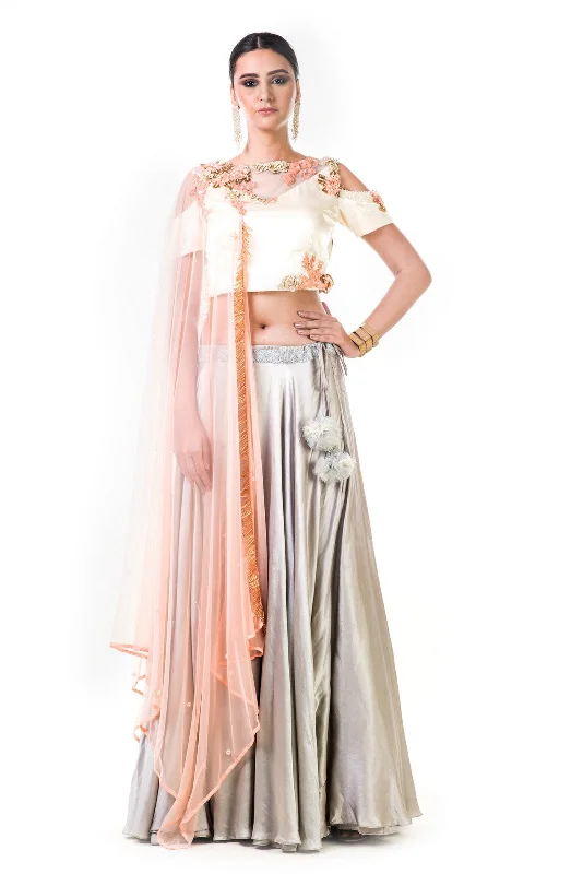 Deal Zone Hand Embroidered Off White Blouse With A Light Grey Lehenga