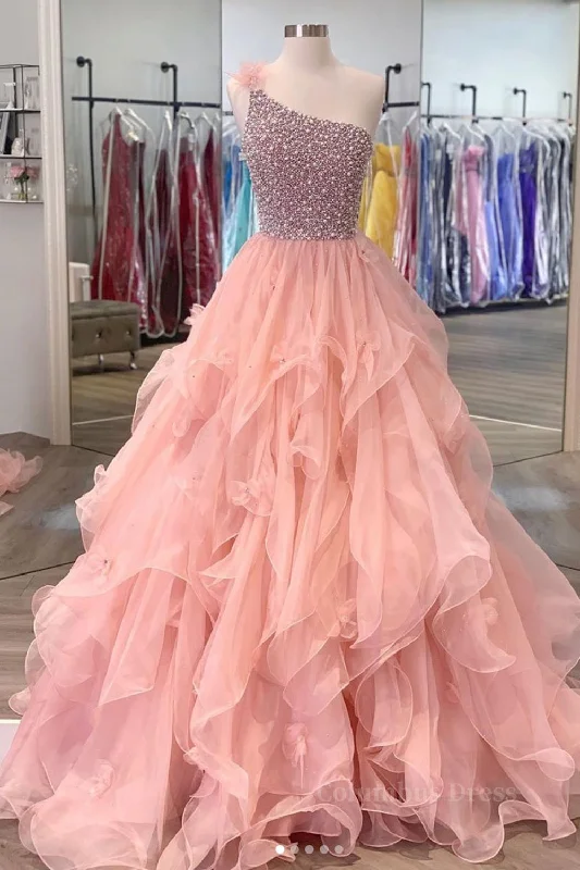 Exclusive Online Offer Gorgeous One Shoulder Beaded Pink Long Corset Prom Dresses, Fluffy Pink Corset Formal Evening Dresses, Beaded Corset Ball Gown outfits Exclusive Online Offer Gorgeous One Shoulder Beaded Pink Long Corset Prom Dresses, Fluffy Pink Corset Formal Evening Dresses, Beaded Corset Ball Gown outfits