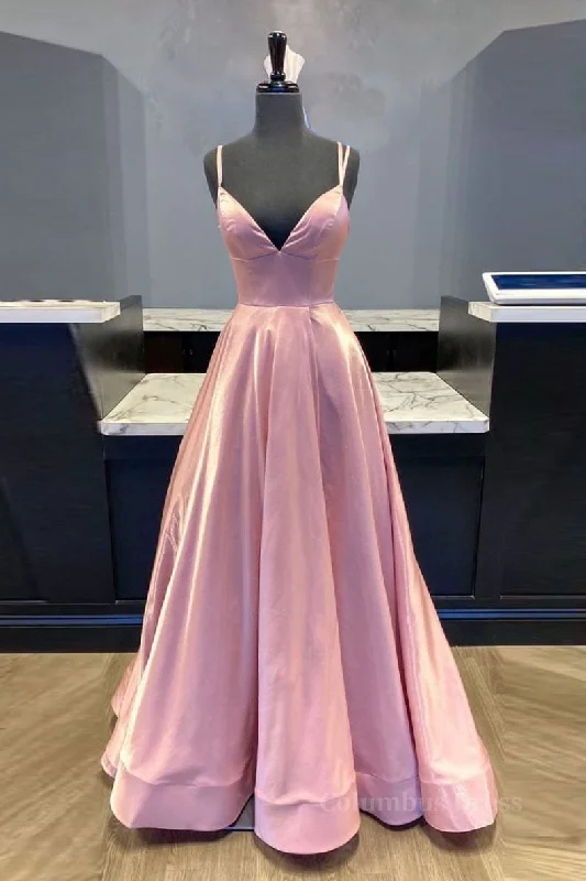 Online Only Simple v neck pink satin long Corset Prom dress pink Corset Formal dress outfit Online Only Simple v neck pink satin long Corset Prom dress pink Corset Formal dress outfit