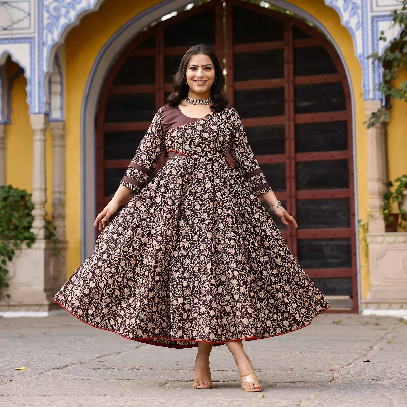 New Markdowns Caramel Lily Floral Handblock Printed Cotton Dress