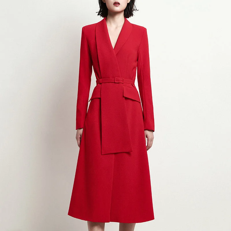 Deal Mania Women's Spring/Autumn V-Neck Long-Sleeved Midi Dress