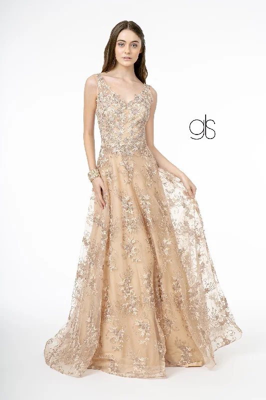 Buy Now Embroidered Long Sleeveless V-Neck Dress by Elizabeth K GL2884