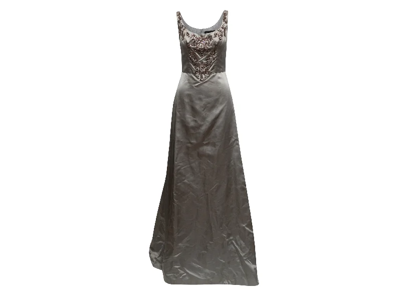 Must-Have Deals Grey Reem Acra Silk Embellished Sleeveless Evening Gown Size US S