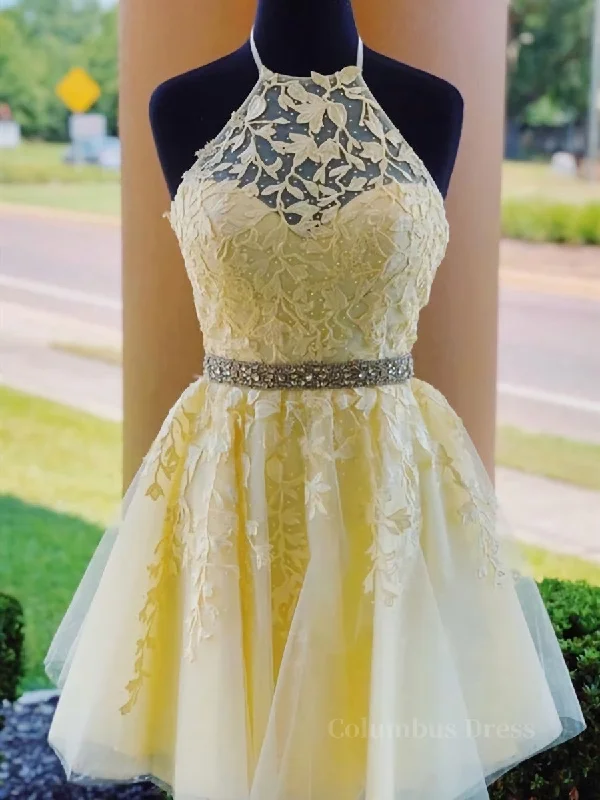Crazy Deals Halter Neck Short Yellow Lace Corset Prom Dressses, Backless Short Yellow Lace Corset Formal Corset Homecoming Dresses outfit