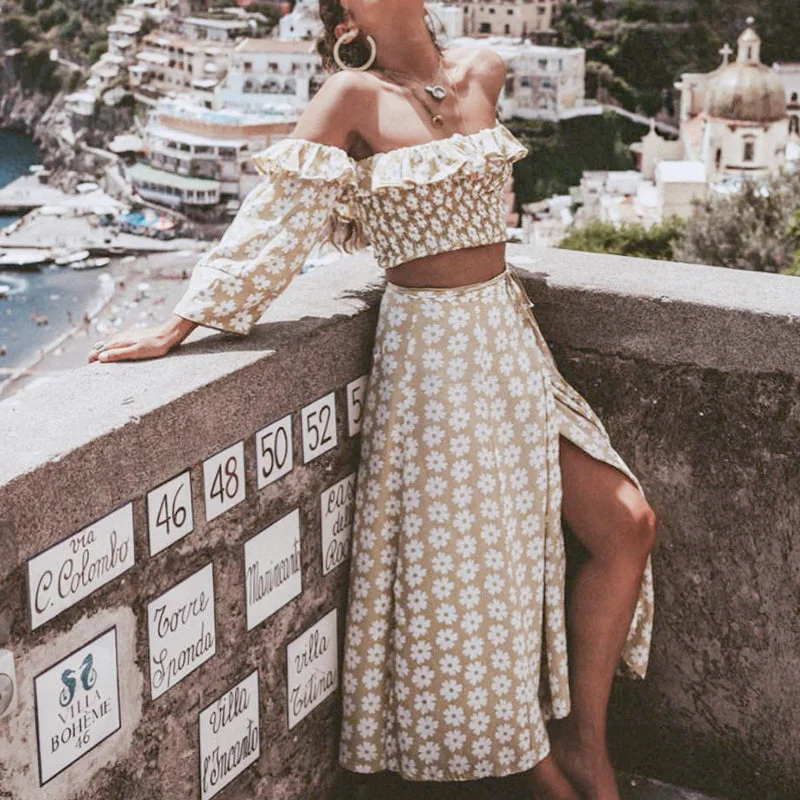 Great Deals Women's Summer Off-Shoulder Two-Piece Long Dress With Print
