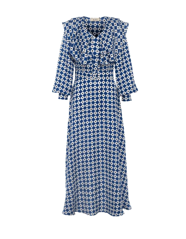 Price Buster Eden Blue Brown Diamond Print Silk Dress