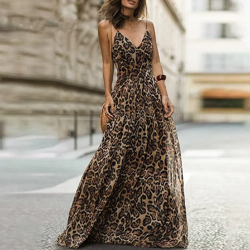 Unmissable Offer Women's Summer V-Neck Chiffon Leopard Maxi Dress