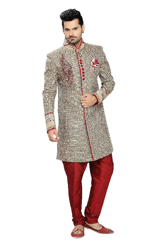 Quick Sale Gray & Beige Jute Silk Indian Wedding Indo-Western Sherwani For Men