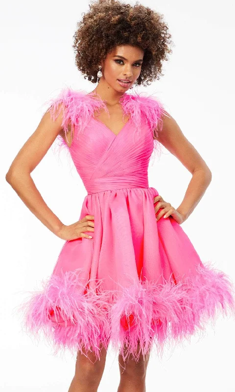 Take Advantage Ashley Lauren 4544 - V-Neck Feathered Cocktail Dress