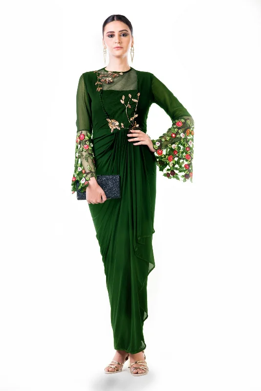 Hurry In Green Embroidered Bell Sleeves Draped Dress