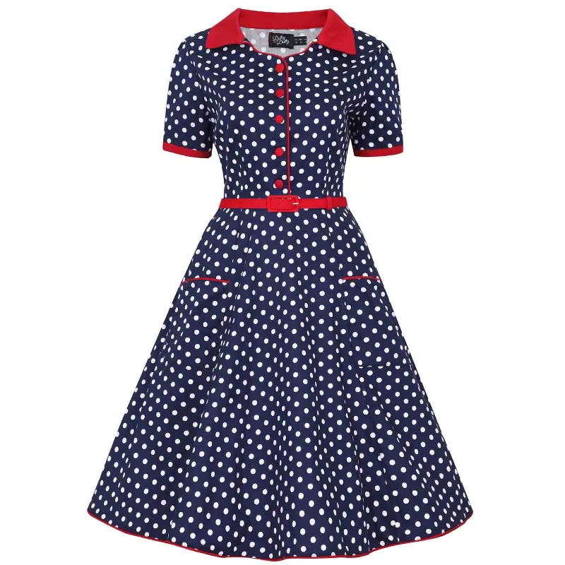 Markdowns Dolly and Dotty Penelope Rockabilly Dress - Blue/White Polka Dot