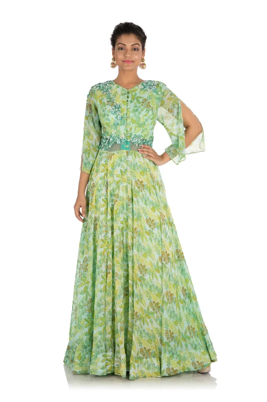 Big Discounts Fern Green Printed Gown With Cut Sleeves