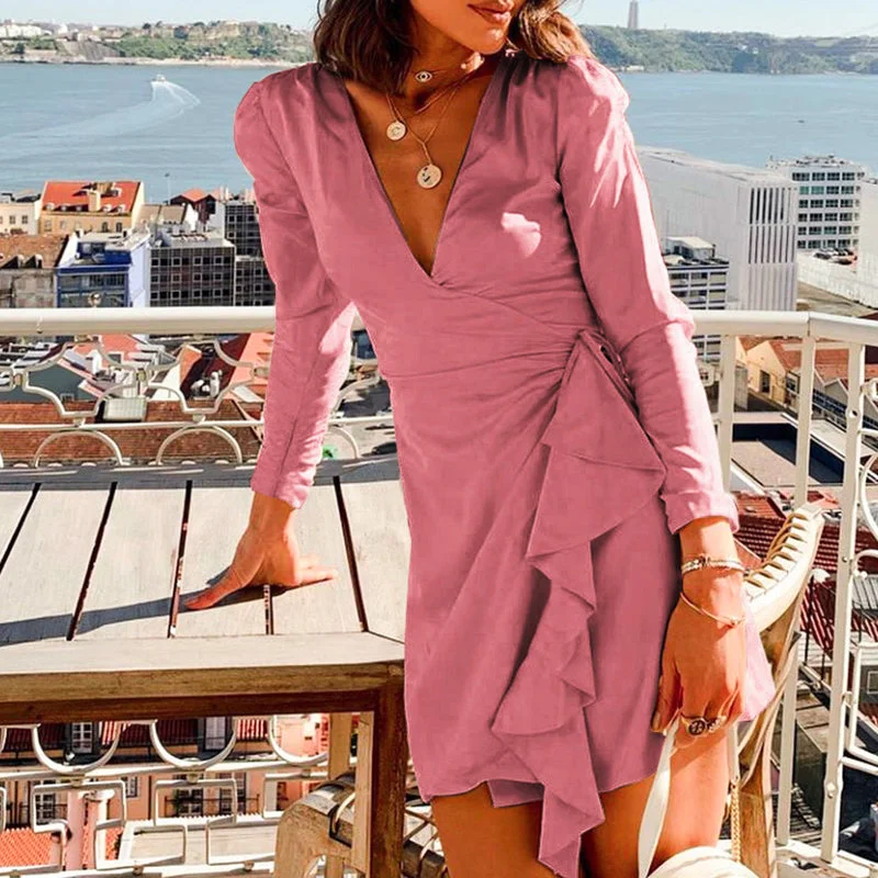 YEAR-End Sale Women's Spring/Autumn V-Neck Ruffled A-Line Satin Dress