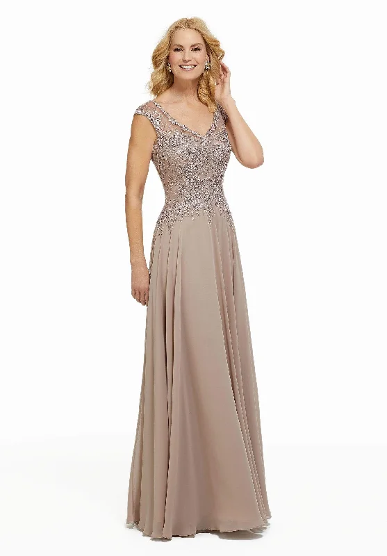 Year-End Sale MGNY By Mori Lee - 72021 Beaded Lace V-neck A-line Chiffon Gown