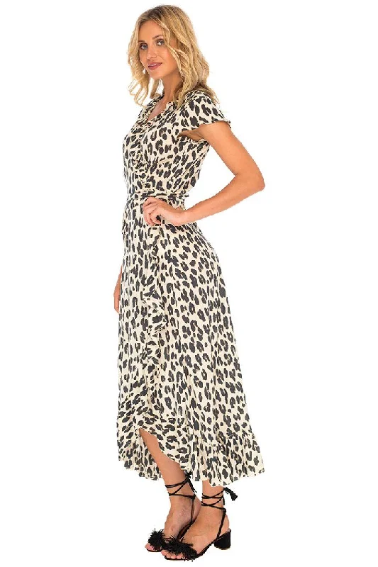 Mega Sale Leopard Print Long Wrap Dress with Cap Sleeves