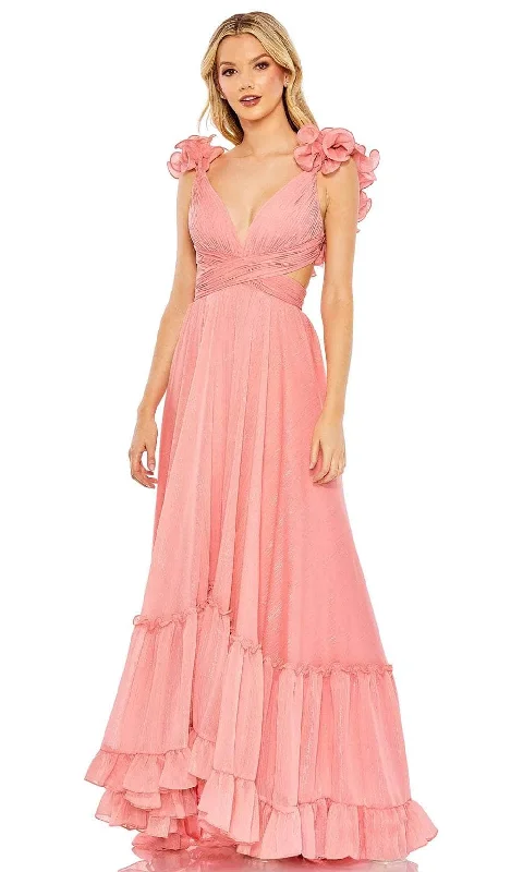 Closeout Mac Duggal 68094 - Ruffled Shoulder Flowy Crisscross Dress
