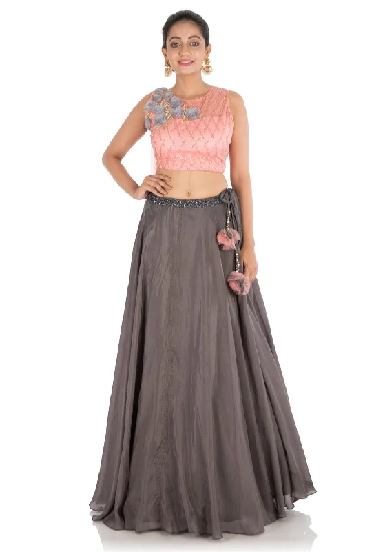 Loyalty Reward Hand Embroidered Charcoal Grey Lehenga With Light Pink Blouse