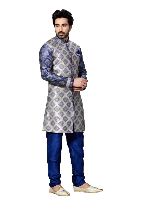 Special Offer Gray Jacquard Silk Indian Wedding Indo-Western Sherwani For Men