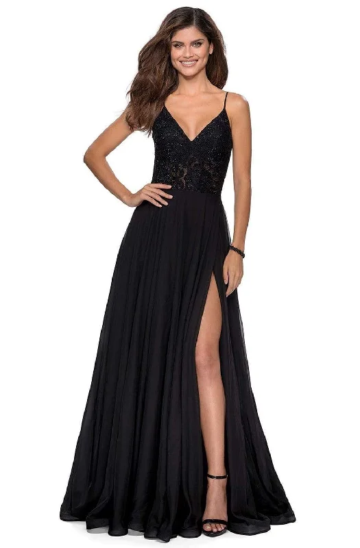 Price Fest La Femme - 28664 Sequined Lace Chiffon Simple Prom High Slit Dress