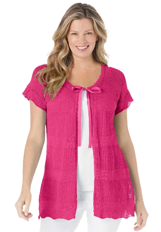 Early Bird Discount Tie-Neck Pointelle Cardigan Sweater