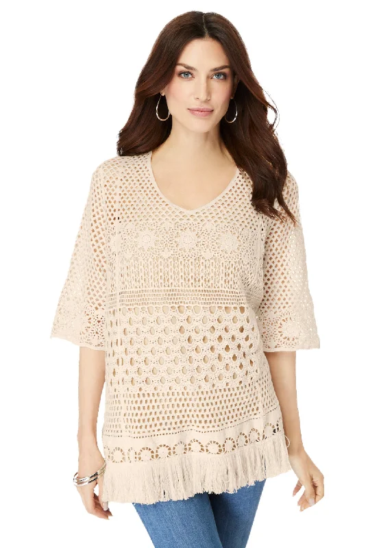 Price Rollback Fringed Crochet Sweater