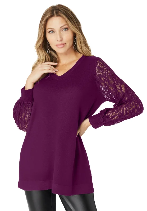 Super Deal Lace-Sleeve V-Neck Sweater