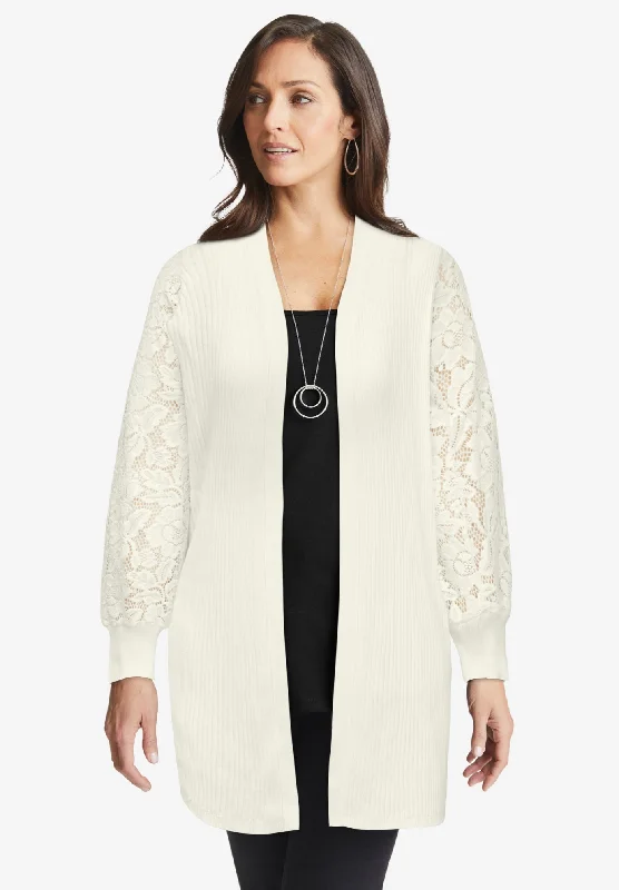 Super Deal Rib Lace Sleeve Cardigan