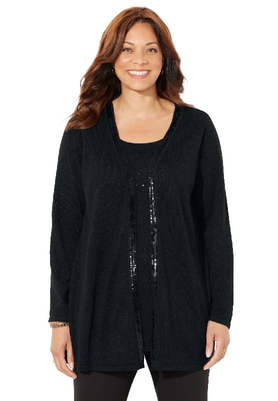 Extra Savings Black Label Sequin Trim Tank Cardigan Duet
