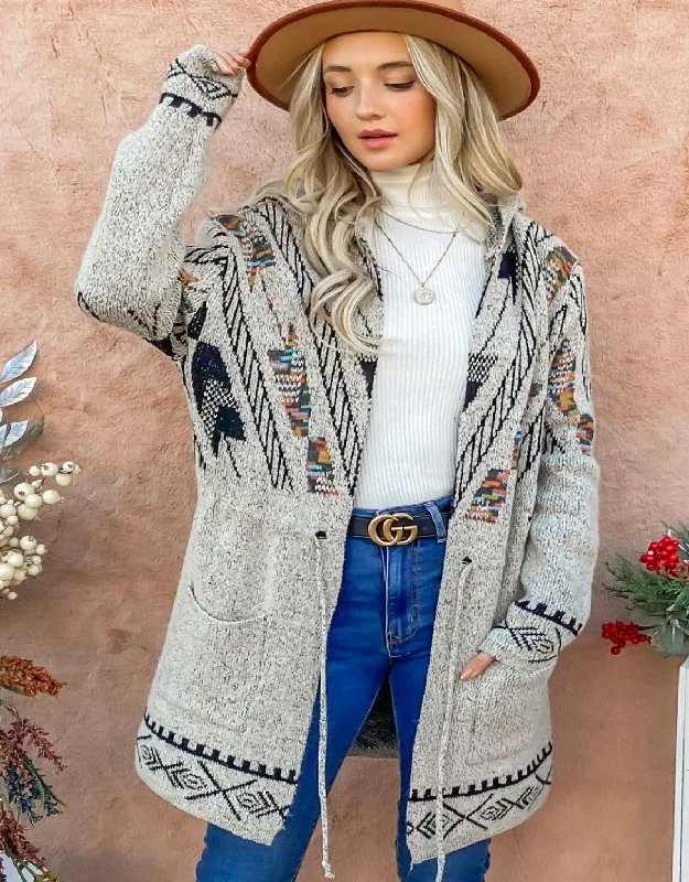 Special Discount Aztec Print Hoodie Cardigan with Waist Drawstring
