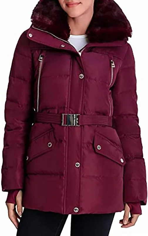 Super Sale Belted Down Quilted Jacket Coat in Dark Ruby