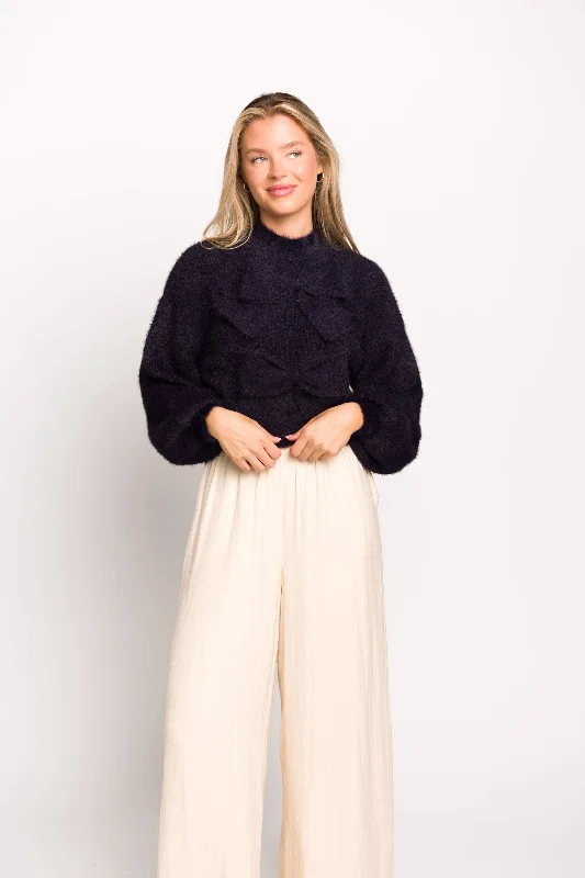 Price Cut Zoey Knit Top with Bow Applique in Navy