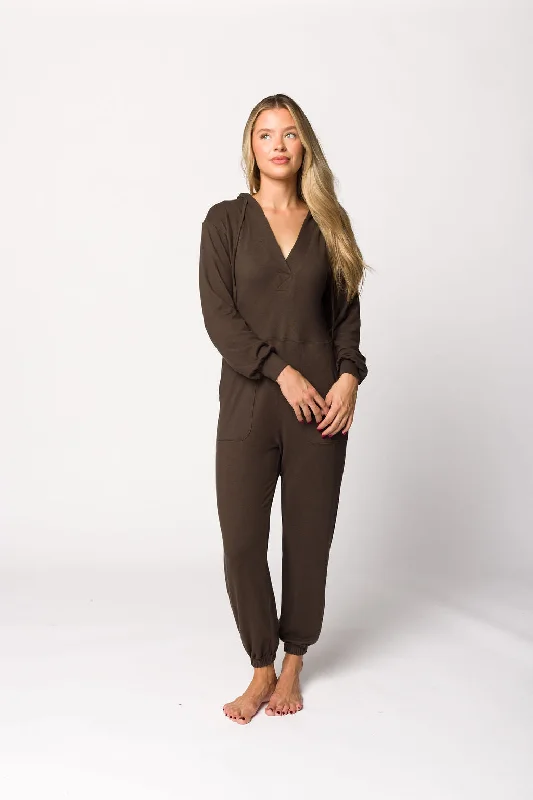 Now or Never Lennon Brushed Lounge Jumpsuit with Hood in Dark Olive