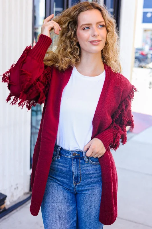 Price Cut Beautiful You Burgundy Fringe Detail Knit Cardigan