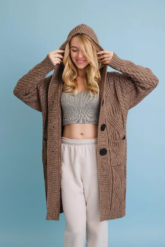 Early Access Cable Knit Hooded Cardigan with Large Buttons