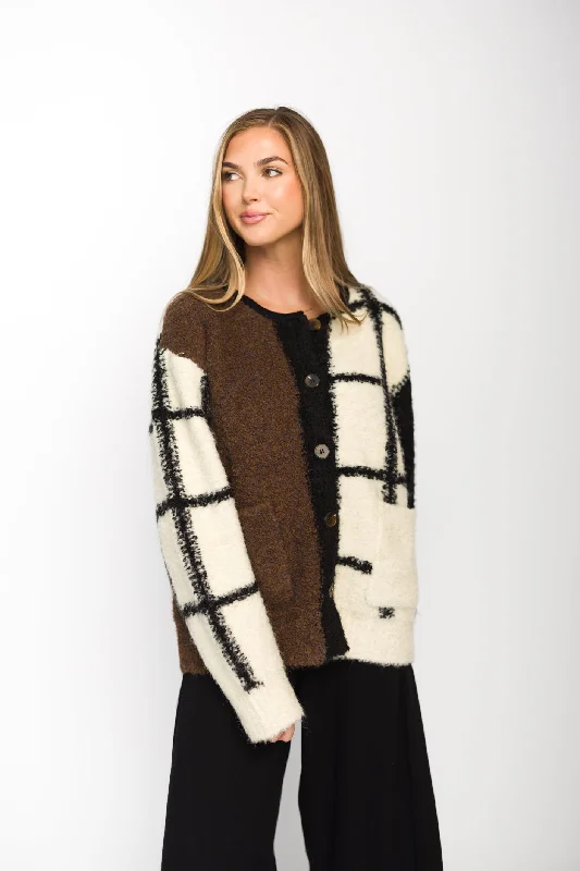 Anniversary Sale Nova Color-Blocked Grid Cardigan In Ivory