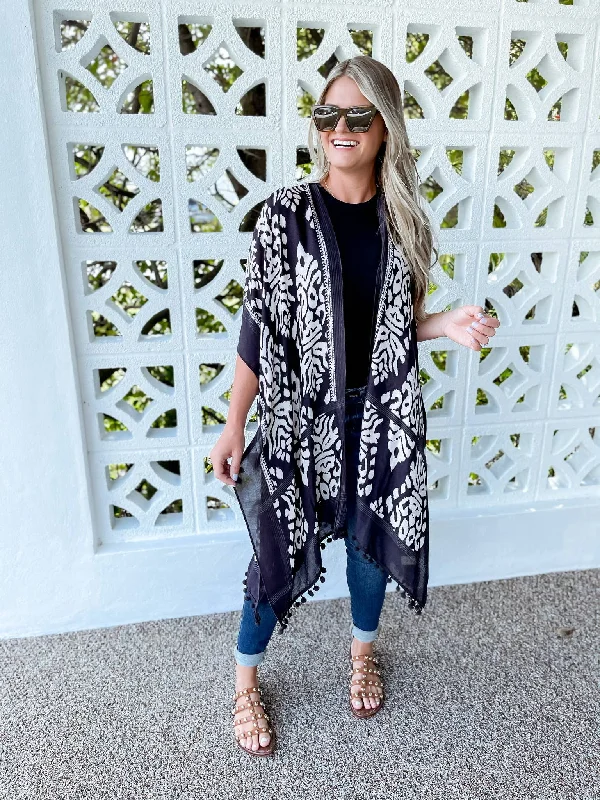 Limited Time Damask Printed Pom Pom Kimono - Gray