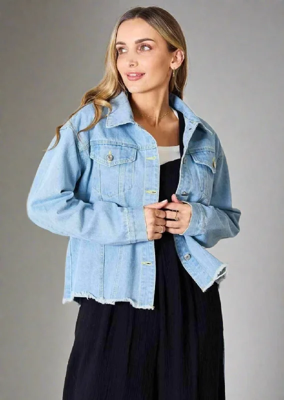 Friends and Family Sale Double Take Dropped Shoulder Raw Hem Denim Jacket