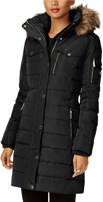 Special Price Faux Fur Trim Down Puffer Coat in Black