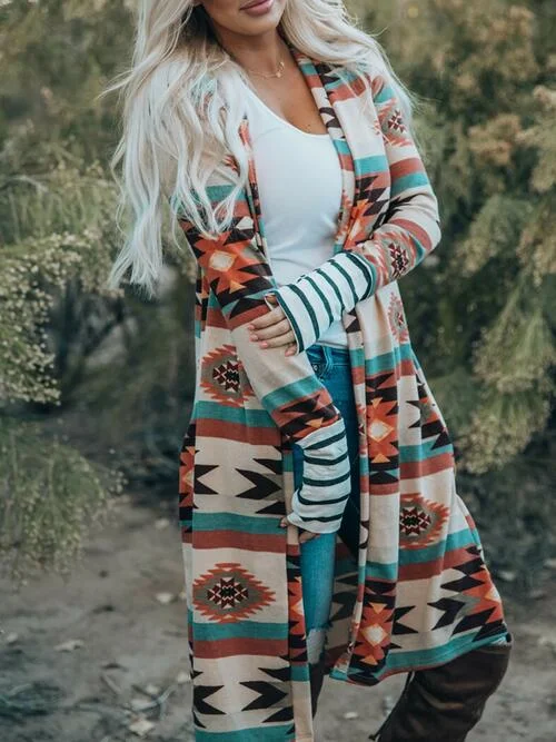 Best Bargains Geometric Open Front Long Sleeve Cardigan