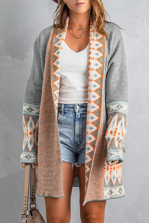New Deals Geometric Open Front Long Sleeve Cardigan