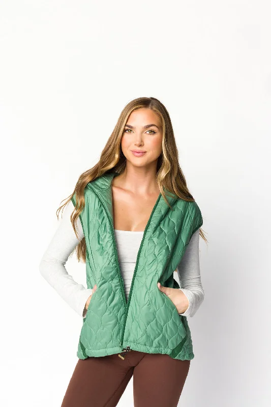 Can't Miss Selma Hooded Quilted Zipper Puffer Vest in Olive