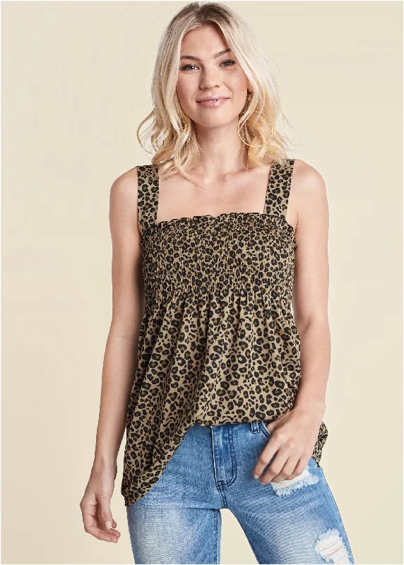 Super Sale Smocked Leopard Tunic - Brown Multi